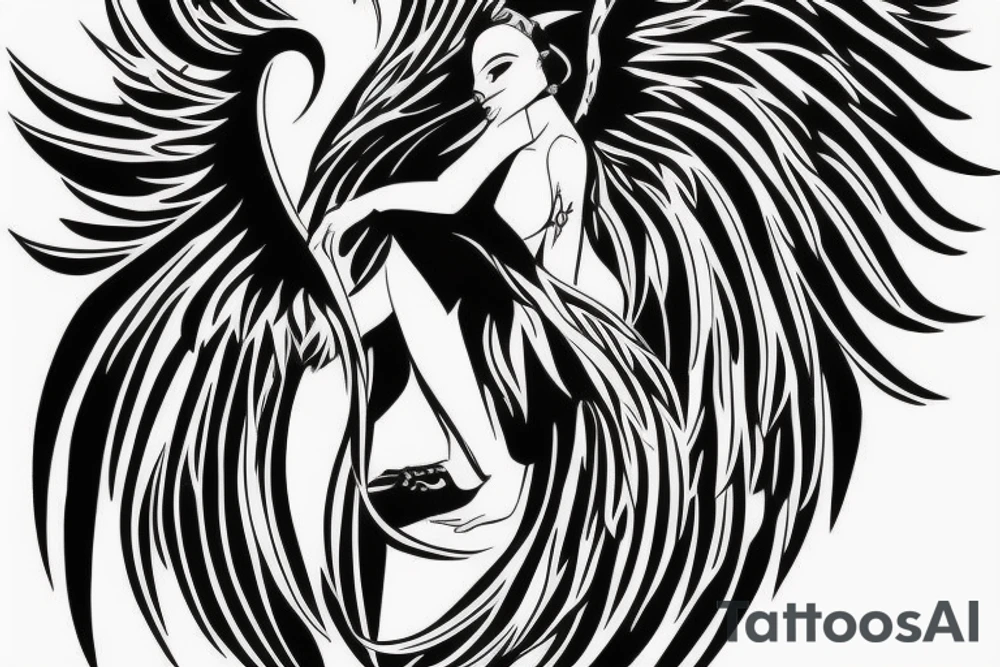 Ankle tattoo silhouette a full black angel facing back floating with huge feather wings tattoo idea