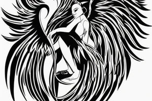Ankle tattoo silhouette a full black angel facing back floating with huge feather wings tattoo idea