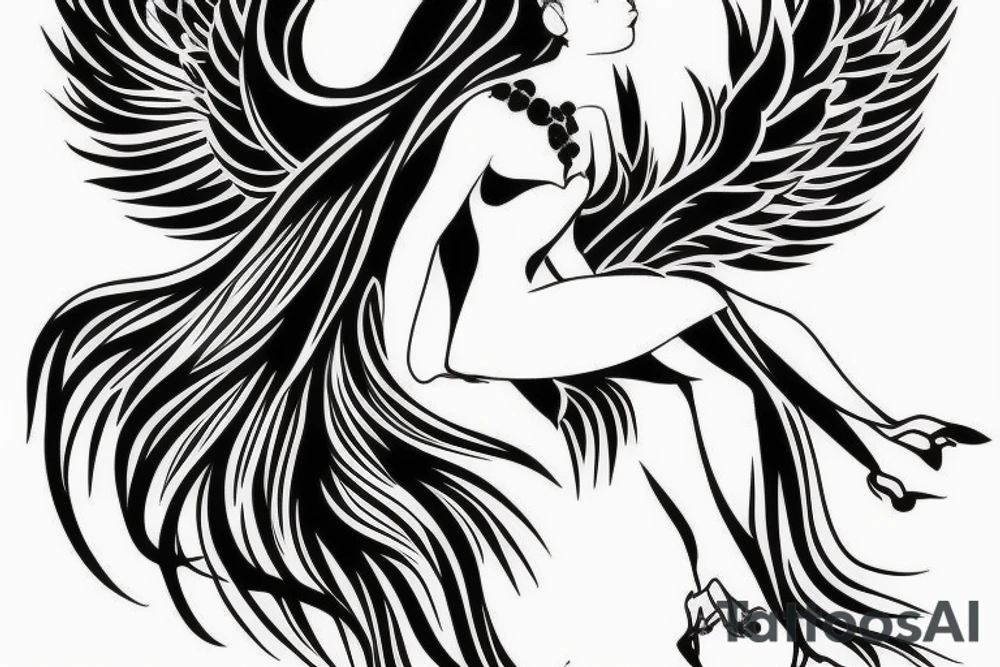 Ankle tattoo silhouette a full black angel in light dress facing back floating with huge feather wings tattoo idea