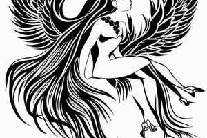 Ankle tattoo silhouette a full black angel in light dress facing back floating with huge feather wings tattoo idea