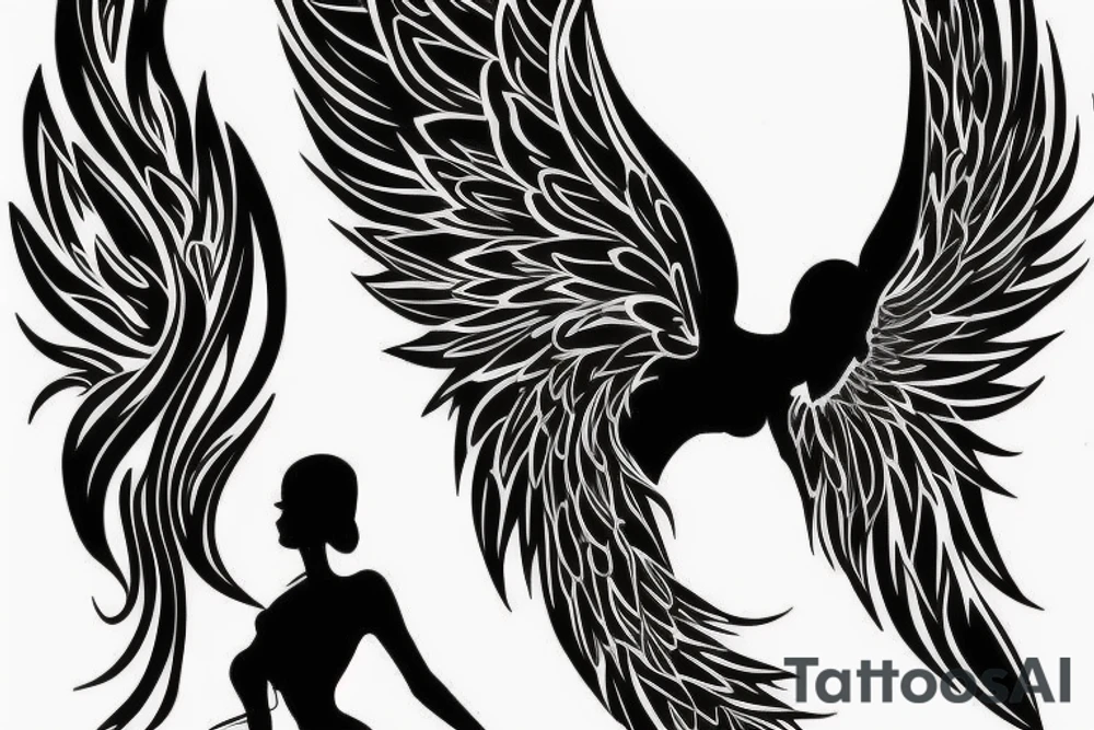 Ankle tattoo silhouette a full black angel in light dress facing back floating with huge feather wings tattoo idea