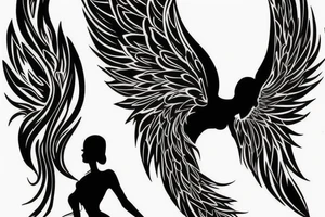 Ankle tattoo silhouette a full black angel in light dress facing back floating with huge feather wings tattoo idea