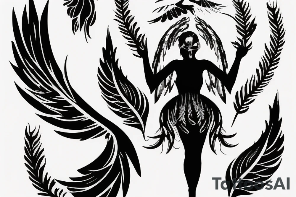 Full black silhouette of an angel in light dress facing back floating with huge feather wings tattoo idea