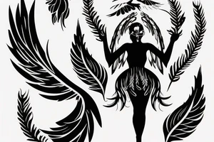 Full black silhouette of an angel in light dress facing back floating with huge feather wings tattoo idea