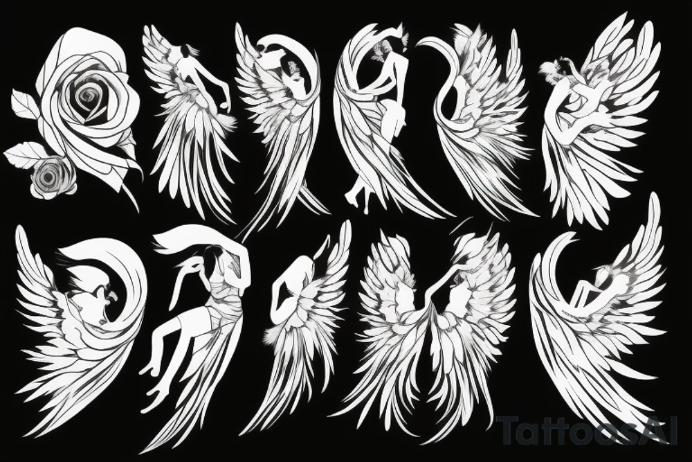Full black silhouette of an angel in light dress facing back floating with huge feather wings tattoo idea