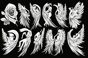 Full black silhouette of an angel in light dress facing back floating with huge feather wings tattoo idea