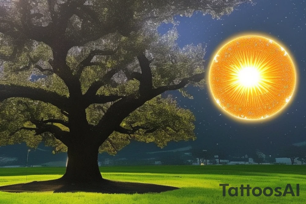 Hope:  the tree of life, representing the potential and beginnings.

Action: As part of the tree, show a Sun 

Destiny: A moon aligned with the Sun, symbolizing the realized destiny.

Date of Birth: The date "15 May 2021" could be depicted in numbers at the base of the tree, showing the roots and origins.

Incorporating the Quote: The quote "From Hope to Action, Destiny Unfolds" should be inscribed in a banner or scroll that wraps around the tree, or as a semi-circle under the tree roots. The design should flow from top to bottom, matching the growth of the tree and the unfolding of life's journey.

Initials: The initials "H.A.D" can be subtly worked into the bark of the tree, appearing as a carved initials, personalizing the tree further. tattoo idea