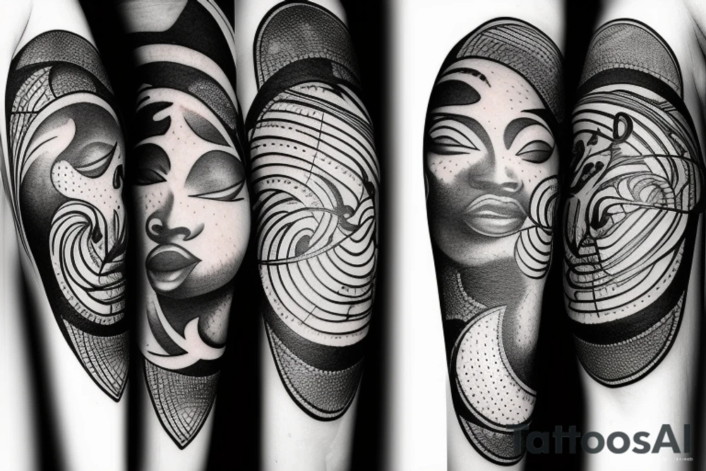 African women with a half moon tattooed on her forehead, big affro with planets and moons laying on top of it tattoo idea