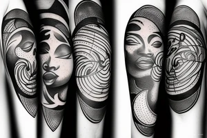 African women with a half moon tattooed on her forehead, big affro with planets and moons laying on top of it tattoo idea