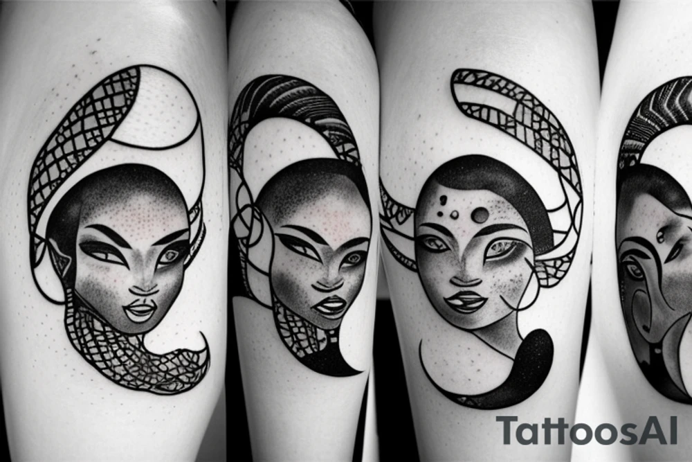 African women with a half moon tattooed on her forehead, big affro with planets and moons laying on top of it tattoo idea