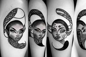 African women with a half moon tattooed on her forehead, big affro with planets and moons laying on top of it tattoo idea