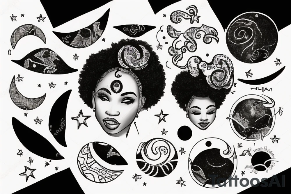 African women with a half moon tattooed on her forehead, big affro with planets laying on top of her hair tattoo idea