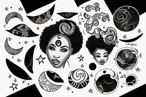 African women with a half moon tattooed on her forehead, big affro with planets laying on top of her hair tattoo idea