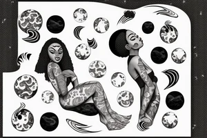 African women with a half moon tattooed on her forehead, big affro with planets laying on top of her hair tattoo idea