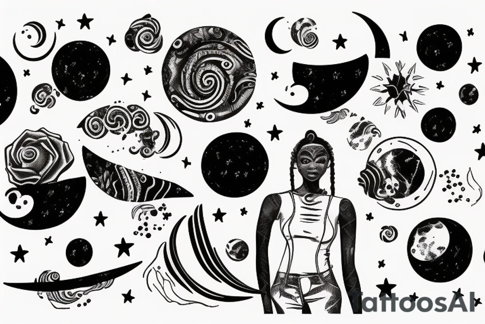 African women with a half moon tattooed on her forehead, big affro with planets laying on top of her hair tattoo idea