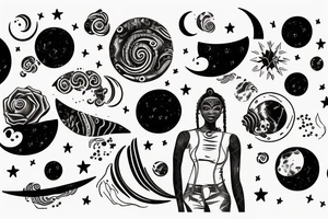 African women with a half moon tattooed on her forehead, big affro with planets laying on top of her hair tattoo idea
