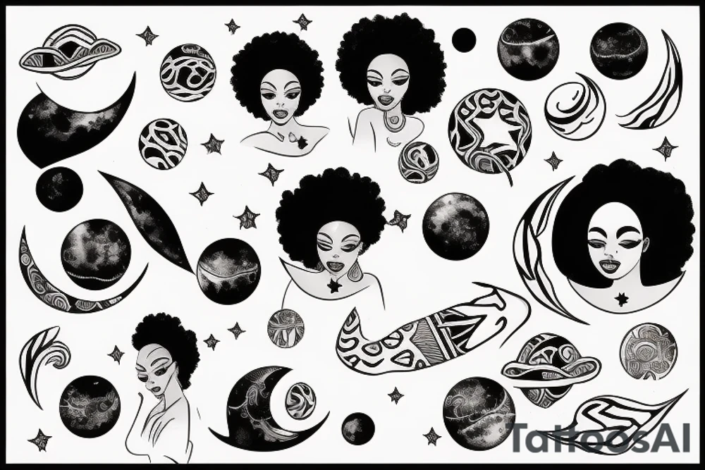 African women with a half moon tattooed on her forehead, big affro with planets laying on top of her hair tattoo idea