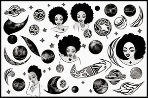 African women with a half moon tattooed on her forehead, big affro with planets laying on top of her hair tattoo idea