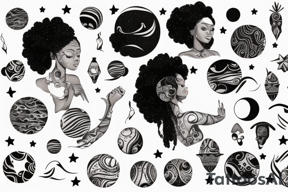 African women with a half moon tattooed on her forehead, huge affro with planets laying on top of her hair as if it were a cloud tattoo idea