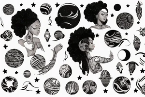 African women with a half moon tattooed on her forehead, huge affro with planets laying on top of her hair as if it were a cloud tattoo idea