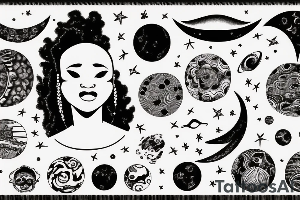 African women with a half moon tattooed on her forehead, huge affro with planets laying on top of her hair as if it were a cloud tattoo idea