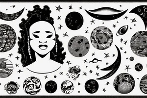African women with a half moon tattooed on her forehead, huge affro with planets laying on top of her hair as if it were a cloud tattoo idea