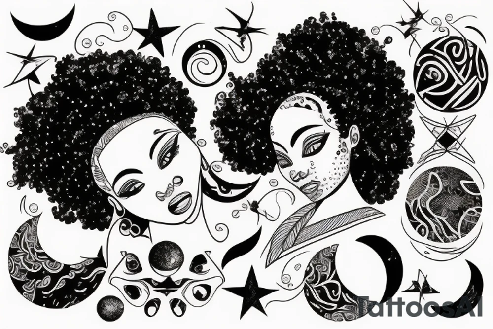 African women with a half moon tattooed on her forehead, huge affro with planets laying on top tattoo idea