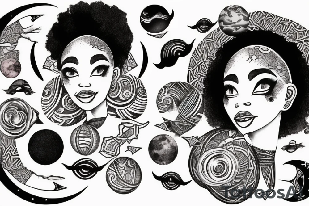 African women with a half moon tattooed on her forehead, huge affro with planets laying on top tattoo idea