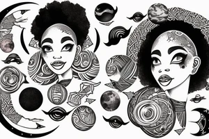 African women with a half moon tattooed on her forehead, huge affro with planets laying on top tattoo idea