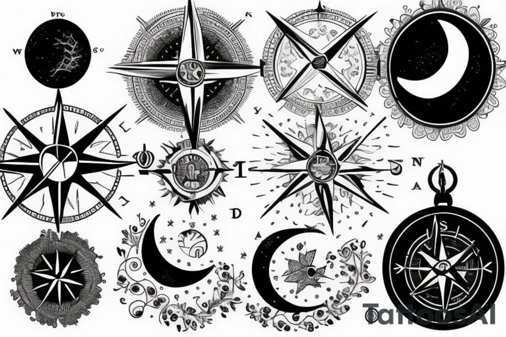 Compass and moon tattoo idea