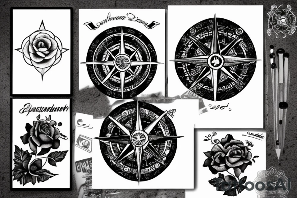 Compass and moon and black rose tattoo idea