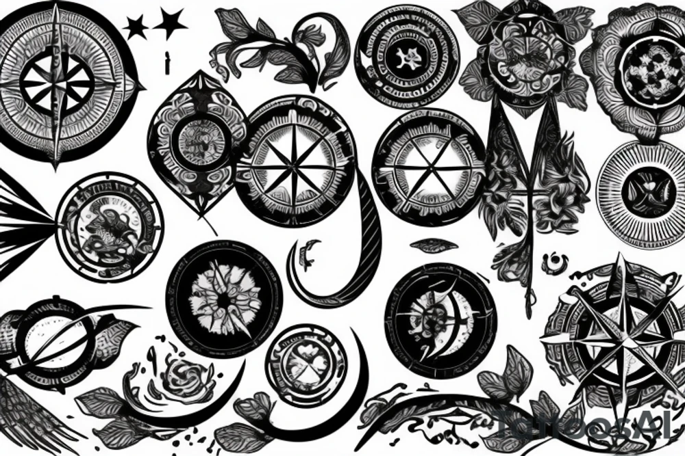 Compass and moon and black rose tattoo idea