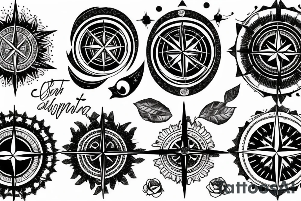 Compass and moon and black rose tattoo idea