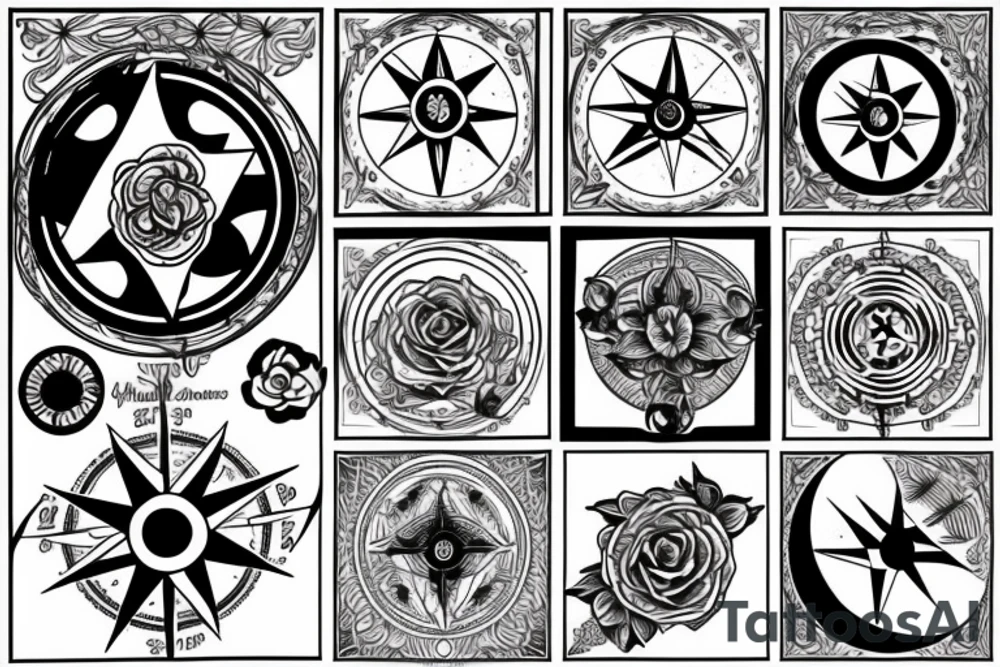 Compass and moon and black rose tattoo idea