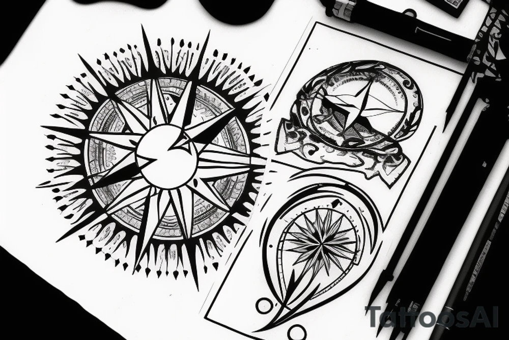 Compass and moon and black rose tattoo idea