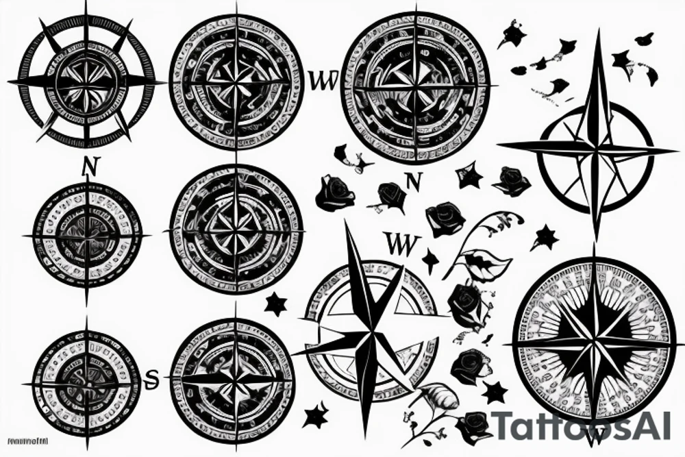Compass and moon and black rose tattoo idea