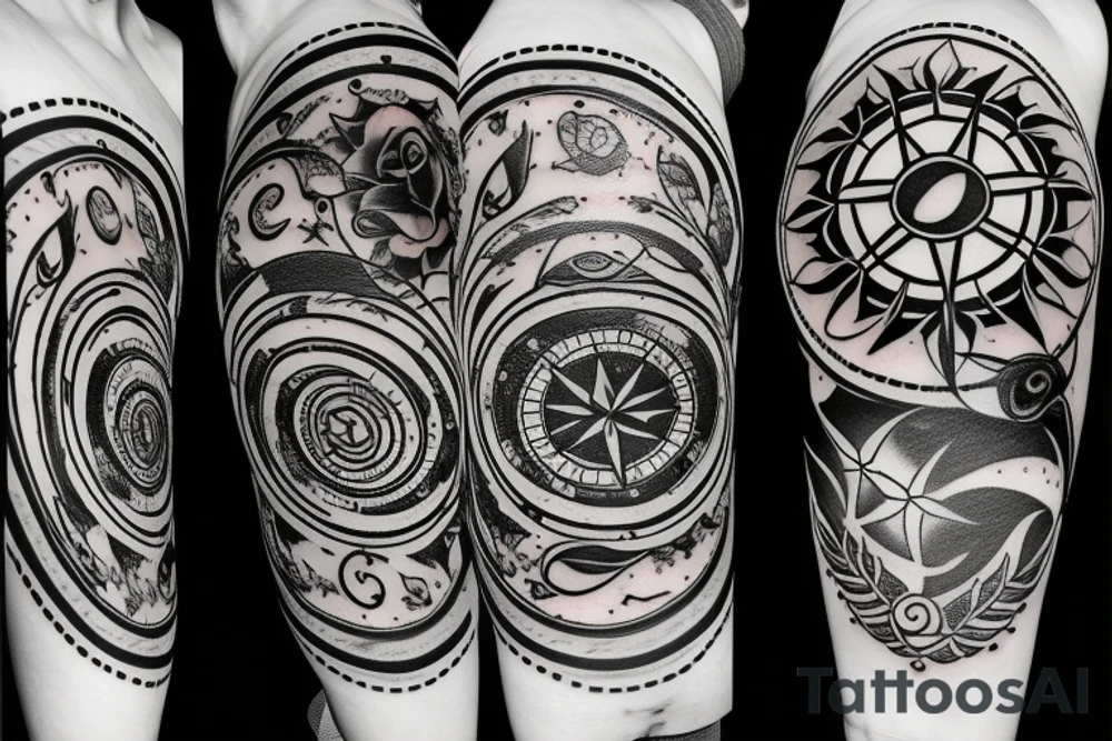 Compass and moon and black rose tattoo idea