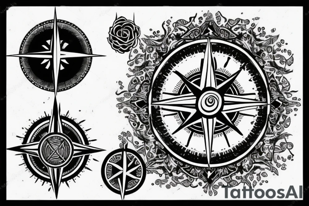 Compass and moon and black rose tattoo idea