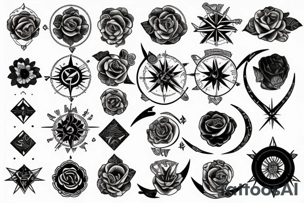 Compass and moon and black rose tattoo idea