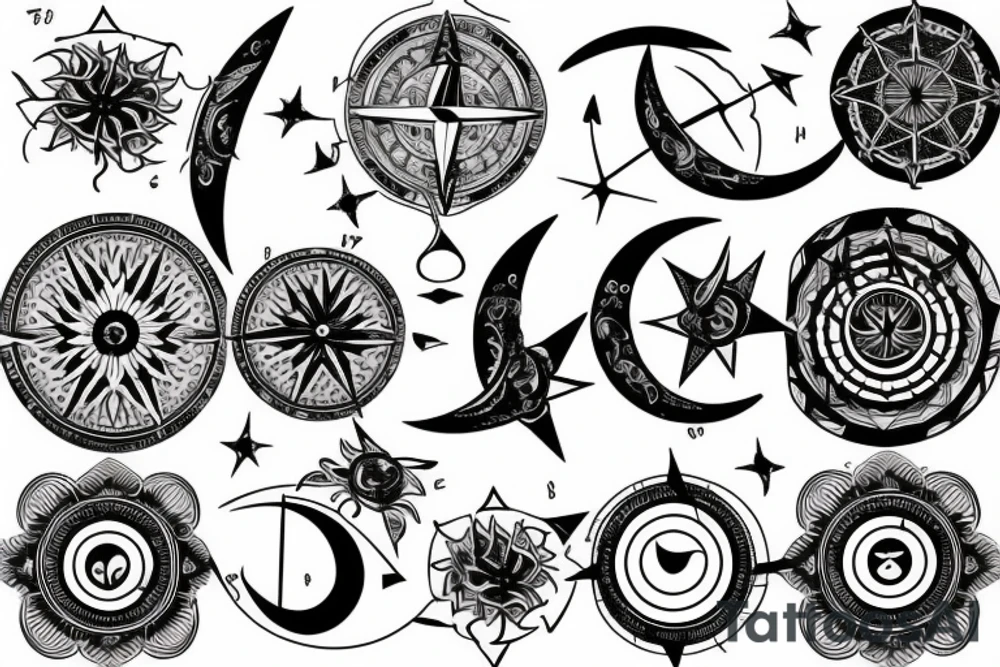 Compass and moon and black rose tattoo idea