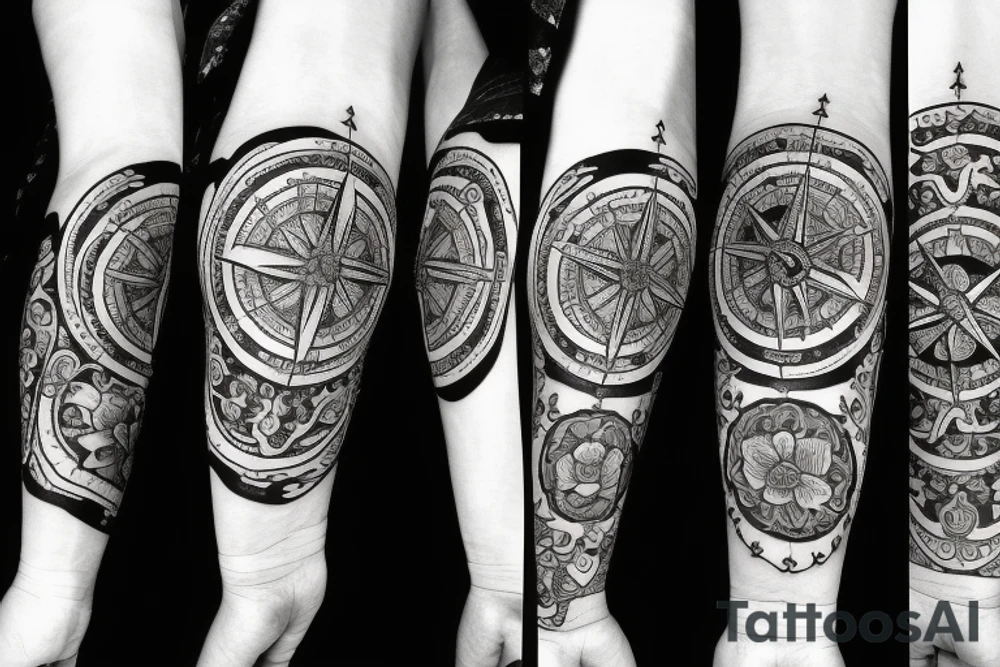 Compass and moon and black rose tattoo idea