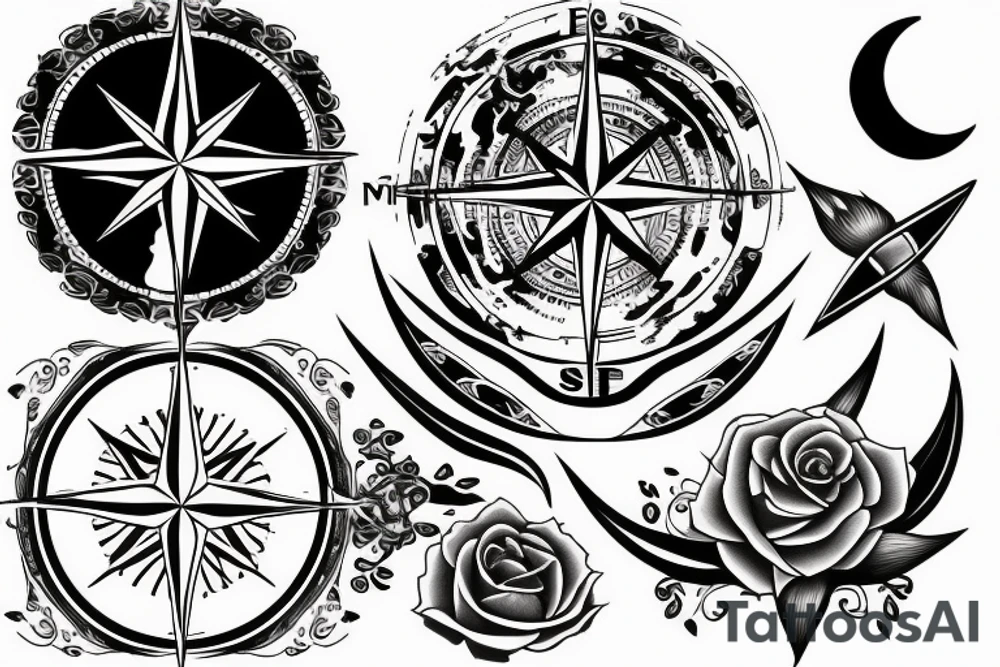 Compass, black rose, moon tattoo idea