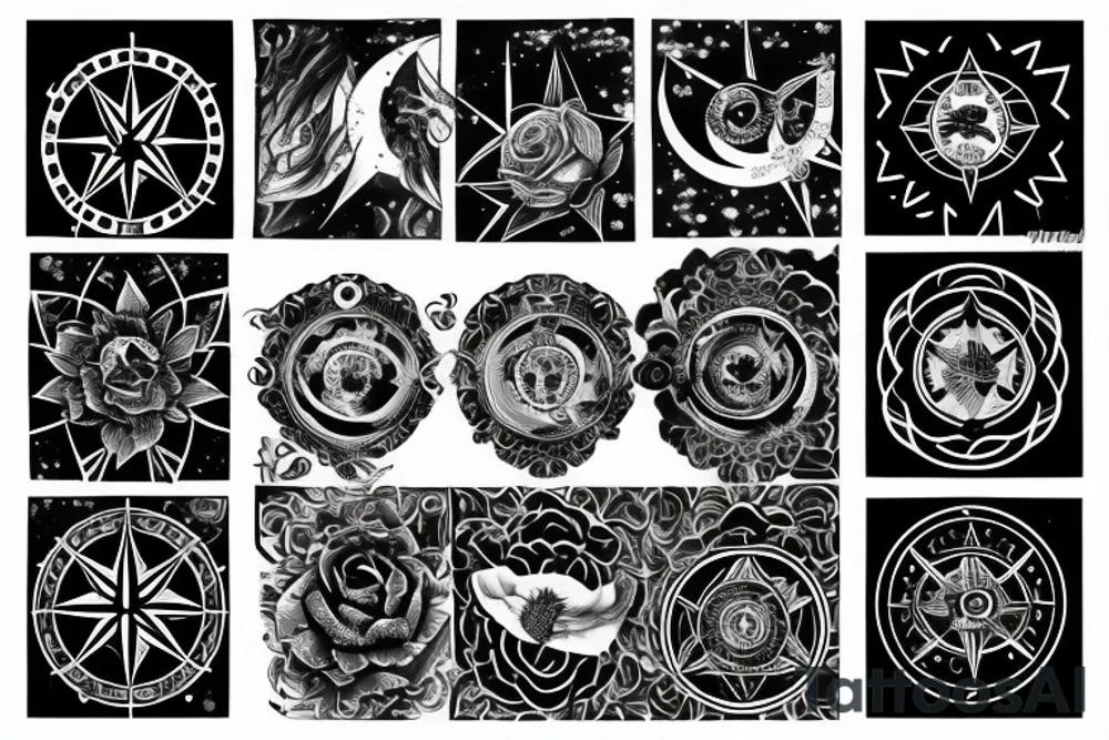 Compass, black rose, moon tattoo idea