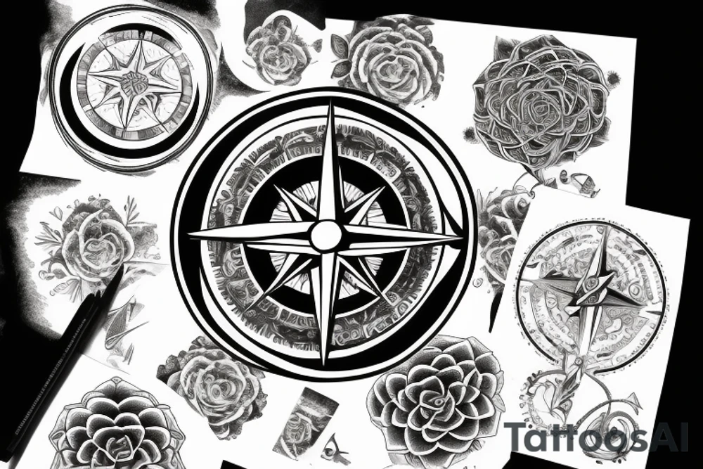 Compass, black rose, moon tattoo idea