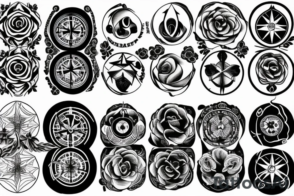 Compass, black rose, moon tattoo idea