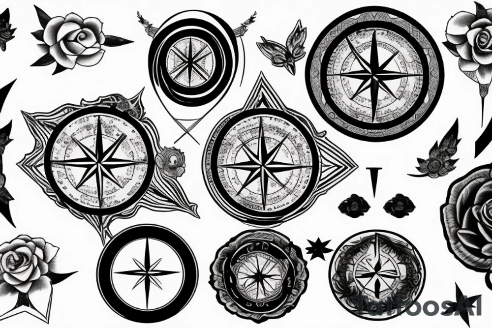 Compass, black rose, moon tattoo idea