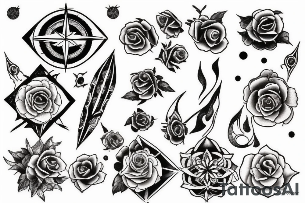 Compass, black rose, moon tattoo idea