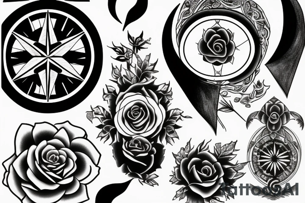Compass, black rose, moon tattoo idea