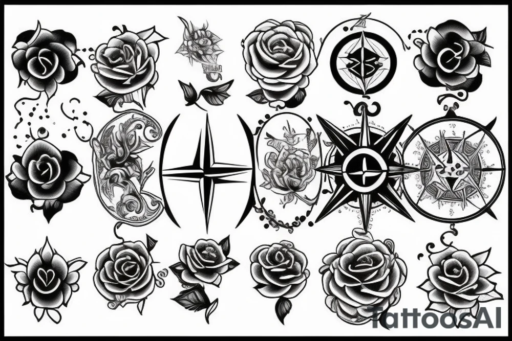 Compass, black rose, moon tattoo idea
