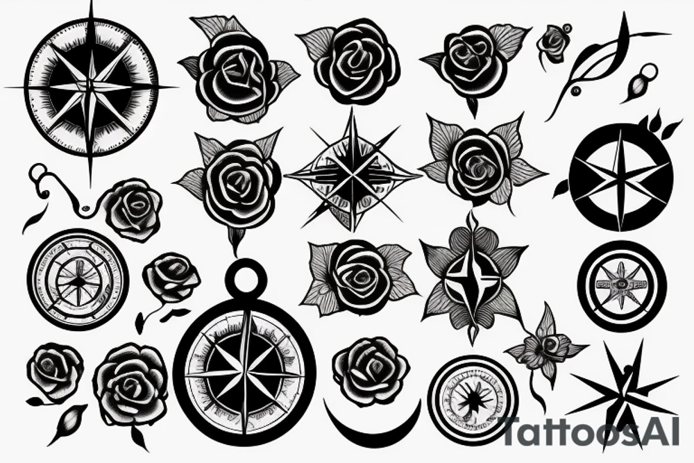 Compass, black rose, moon tattoo idea